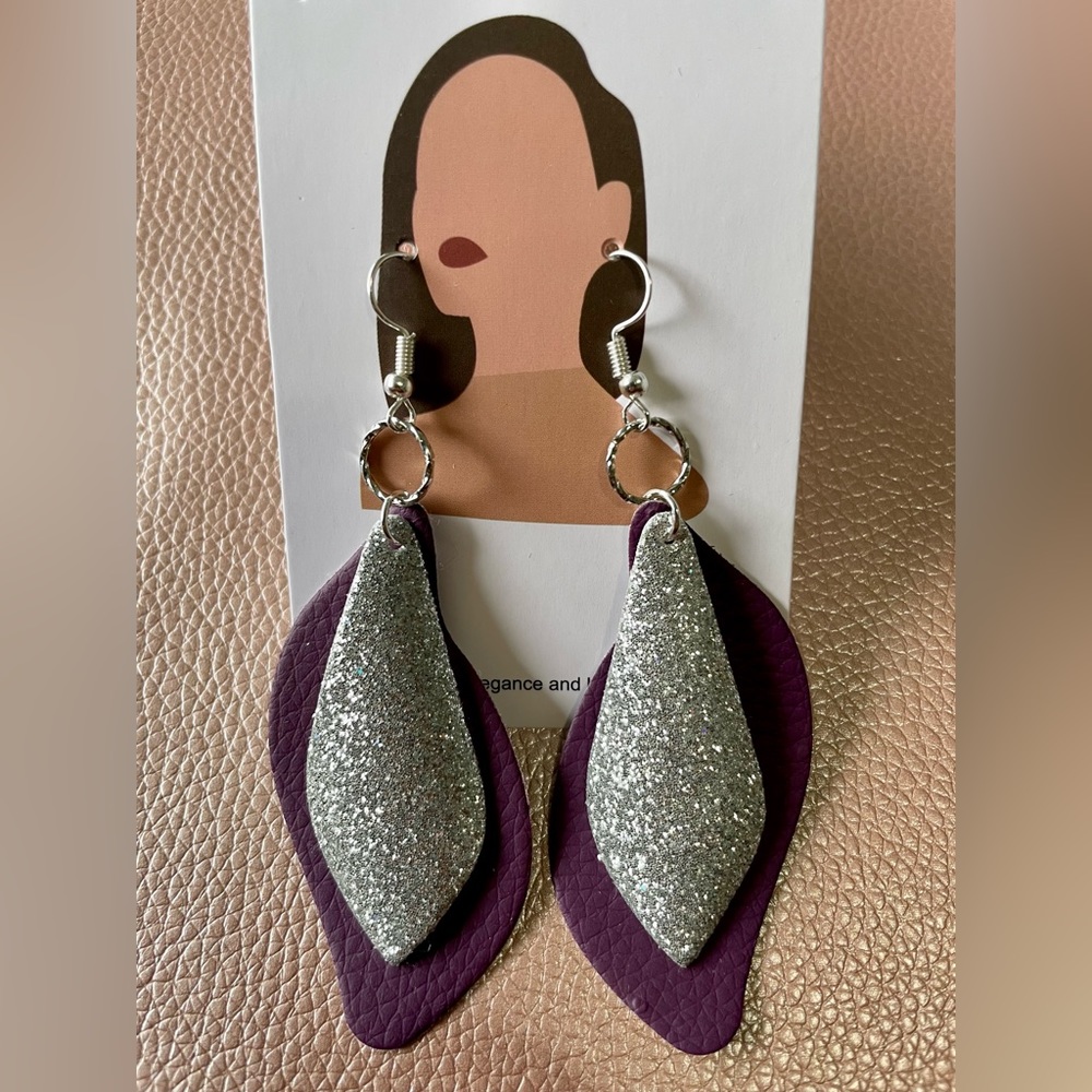 Purple & Silver Glitters Faux Leather Earrings
